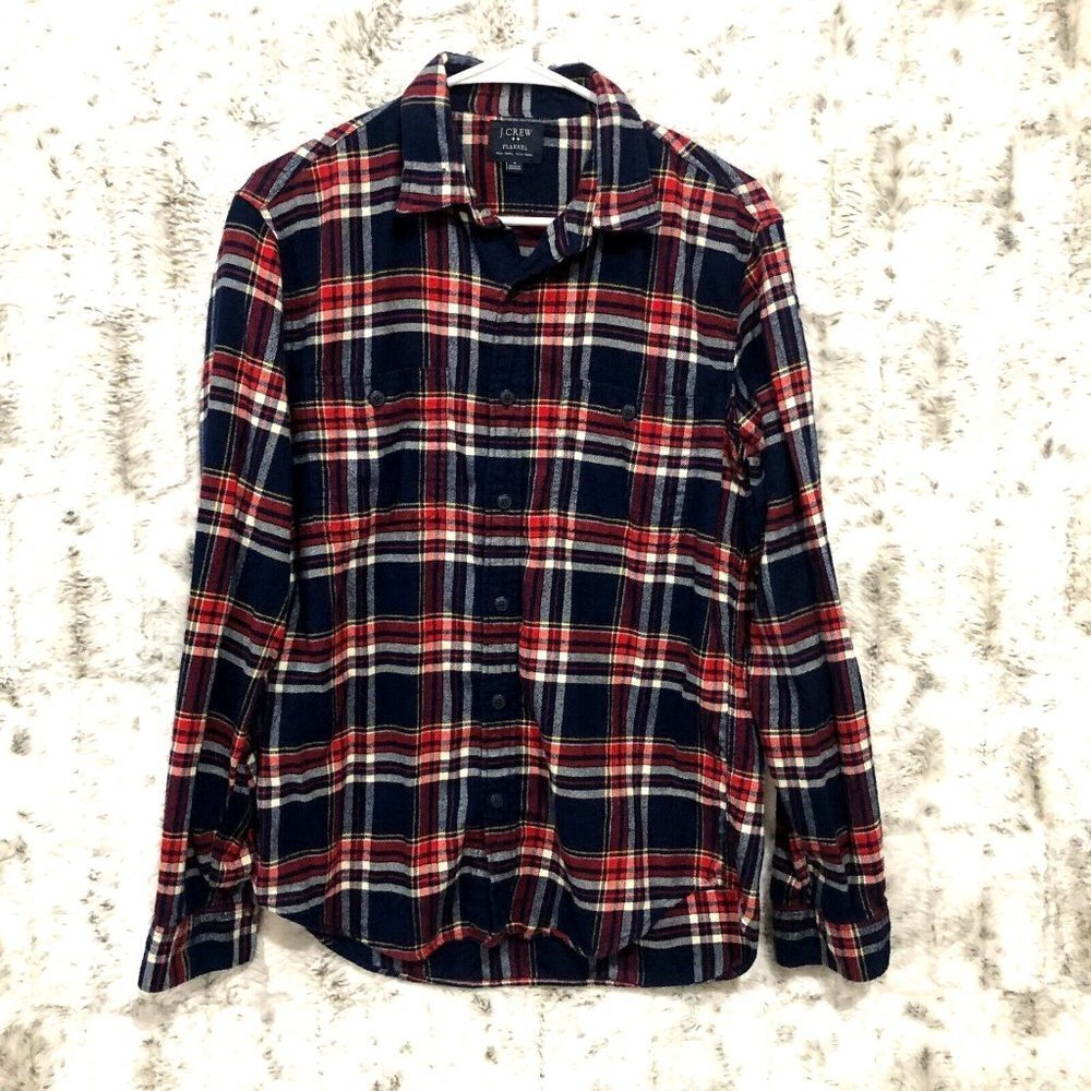 J Crew Flannel Plaid Button Up Long Sleeve Shirt Red Blue Cotton Mens Medium